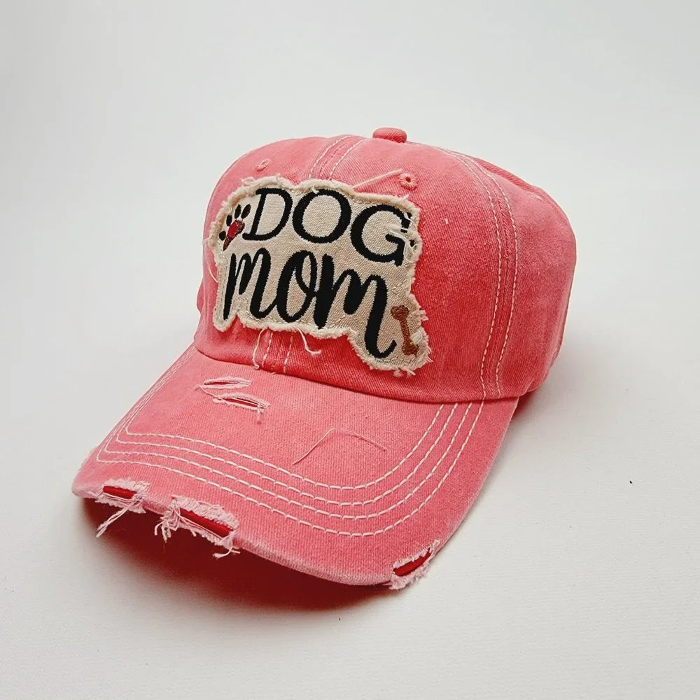 Dog Mom Distressed Relaxed Buckle Strap Full Cover Hat Cap Garment Washed Orange